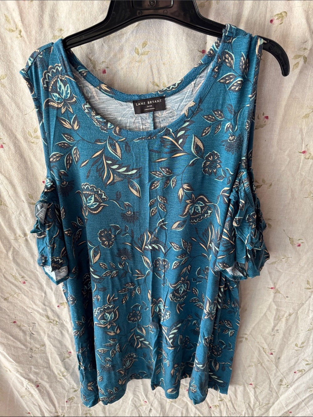 Lane Bryant Teal Floral Cold-Shoulder Tee with Ruffle Sleeves